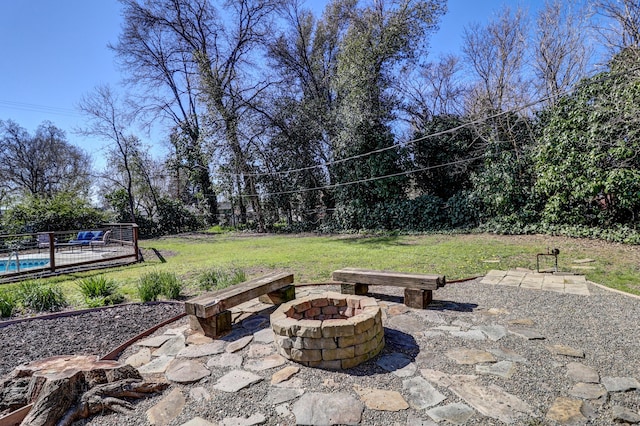 view of patio with an outdoor pool and an outdoor fire pit