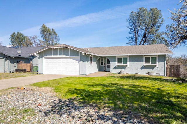 ranch-style house with fence, concrete driveway, a front yard, an attached garage, and crawl space