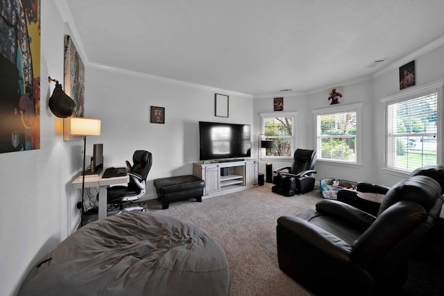 carpeted living room featuring visible vents and ornamental molding