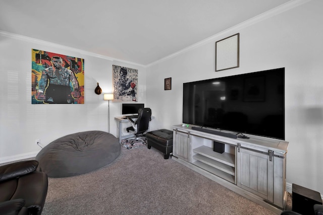 carpeted living room featuring ornamental molding