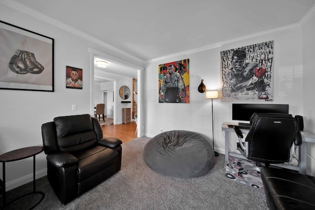 interior space featuring crown molding and baseboards