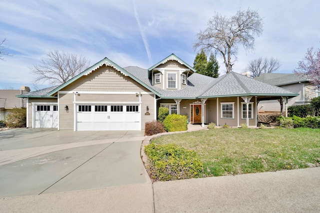 victorian house with a front lawn, an attached garage, driveway, and roof with shingles