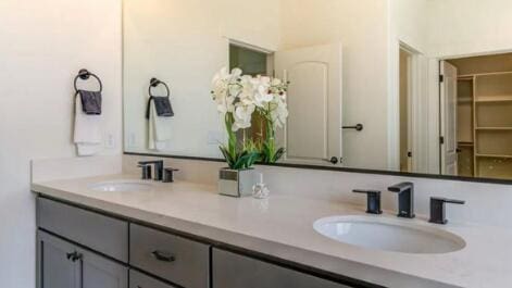 full bathroom featuring double vanity, a spacious closet, and a sink