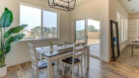 dining room with baseboards, plenty of natural light, a notable chandelier, and wood finished floors