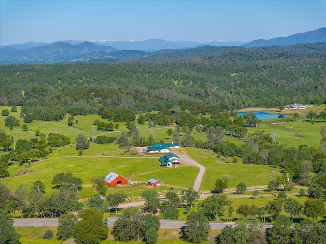 bird's eye view featuring a forest view and a water and mountain view