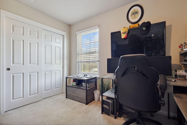 office area featuring light colored carpet