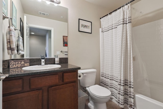 full bath with tile patterned floors, visible vents, toilet, shower / tub combo, and vanity