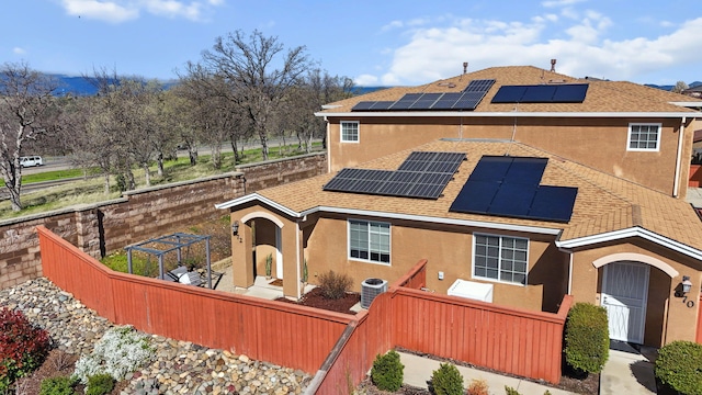 view of front of property with roof with shingles, central air condition unit, a fenced front yard, and stucco siding