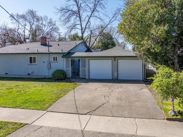 ranch-style home featuring a garage, driveway, roof with shingles, and a front lawn