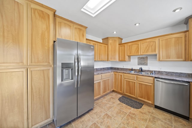 7100 Aldo Way, Anderson, CA 96007 - kitchen with stainless steel appliances, a sink, dark countertops, light brown cabinetry, and recessed lighting
