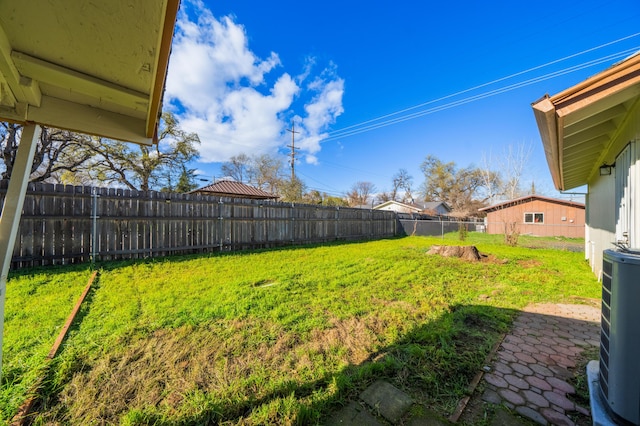 view of yard featuring central AC unit and a fenced backyard