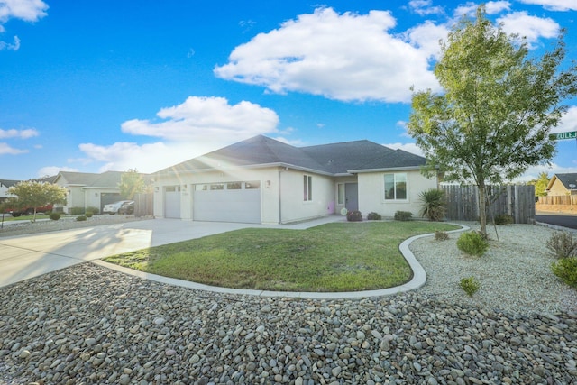 ranch-style home with stucco siding, a front lawn, driveway, fence, and a garage