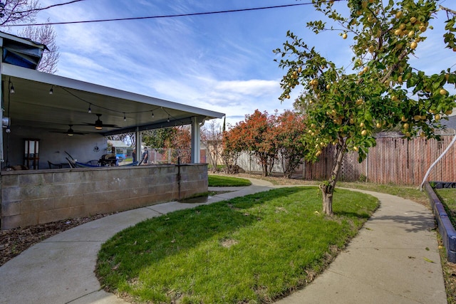 view of yard with a fenced backyard and a ceiling fan