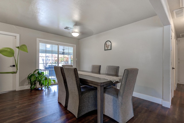 dining area featuring dark wood-style floors, visible vents, and baseboards