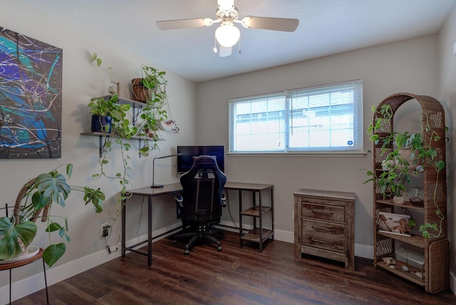 office area with a ceiling fan, wood finished floors, and baseboards