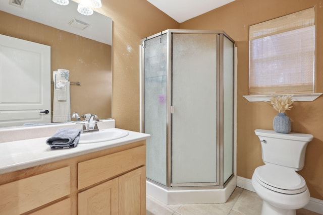 bathroom with visible vents, toilet, a stall shower, and tile patterned flooring