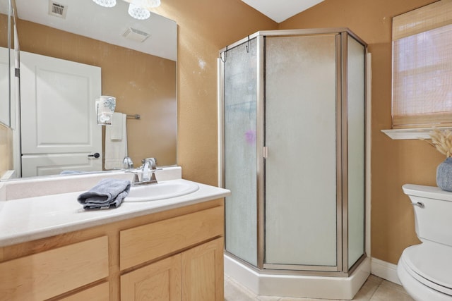 full bathroom with visible vents, a shower stall, and toilet