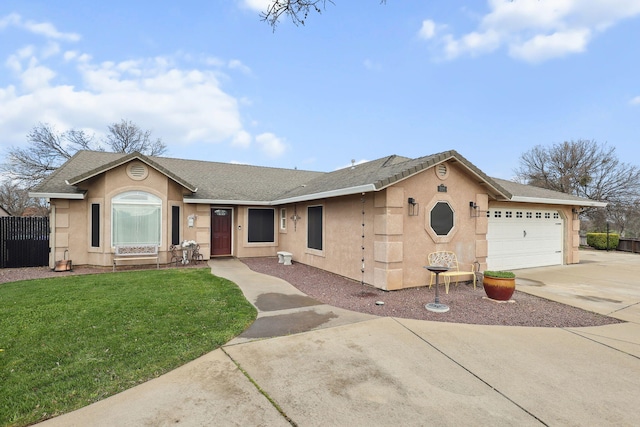 ranch-style house featuring concrete driveway, fence, a front lawn, and stucco siding