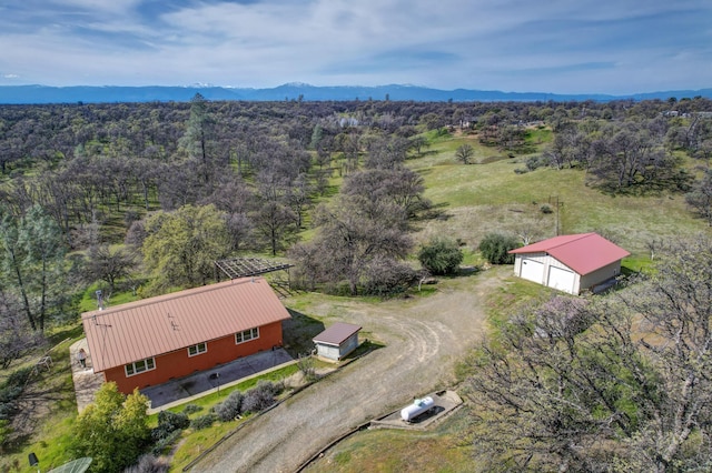 aerial view with a mountain view and a wooded view