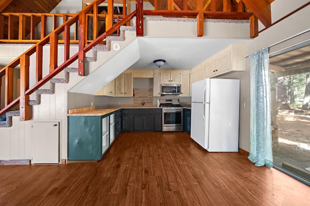 kitchen featuring light countertops, a towering ceiling, a sink, dark wood-style floors, and appliances with stainless steel finishes