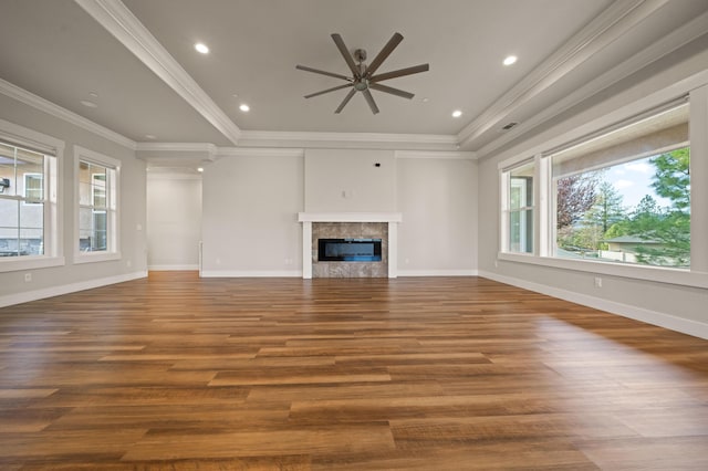 4461 Risstay Way, Shasta Lake, CA 96019 - unfurnished living room with wood finished floors, a ceiling fan, baseboards, and a high end fireplace