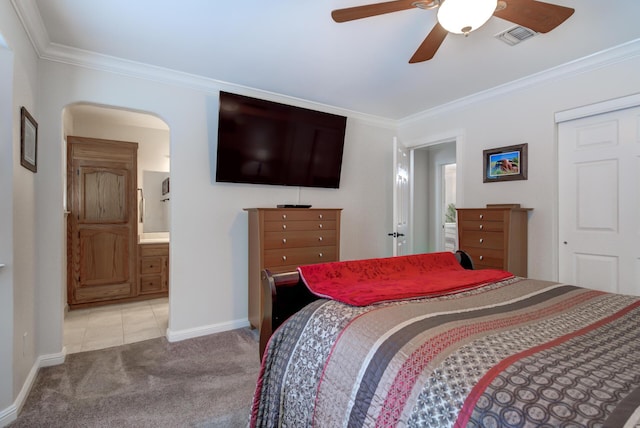 bedroom with light carpet, baseboards, visible vents, ceiling fan, and ornamental molding