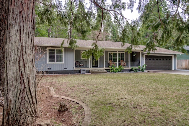 ranch-style home with crawl space, driveway, a front yard, a porch, and a garage