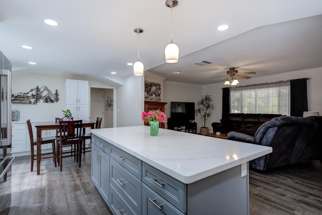 kitchen featuring dark wood-style floors, gray cabinets, a center island, and open floor plan