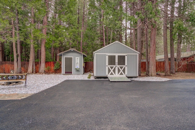 view of shed featuring a fenced backyard
