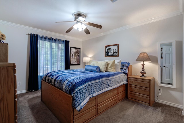 bedroom featuring baseboards, crown molding, and dark colored carpet