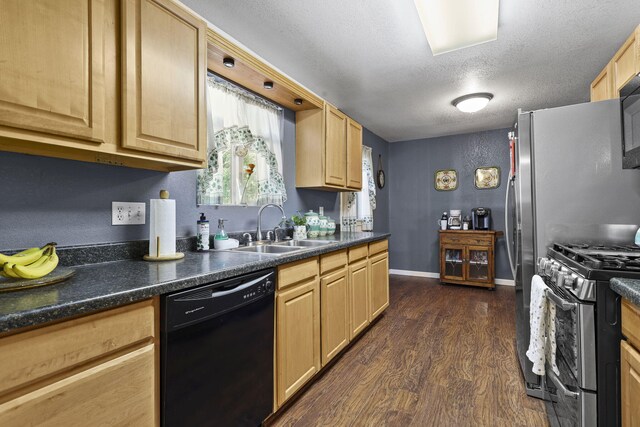 3235 Sharon Ave, Anderson, CA 96007 - kitchen featuring a sink, light brown cabinets, dark wood-type flooring, and black appliances
