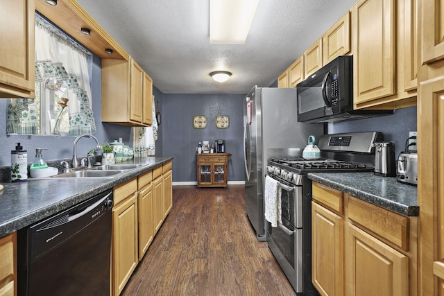 3235 Sharon Ave, Anderson, CA 96007 - kitchen featuring a textured ceiling, black appliances, dark countertops, and dark wood finished floors