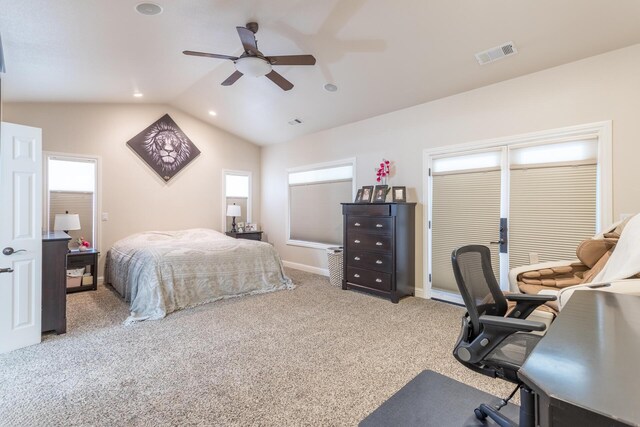 carpeted bedroom featuring lofted ceiling, baseboards, visible vents, ceiling fan, and recessed lighting