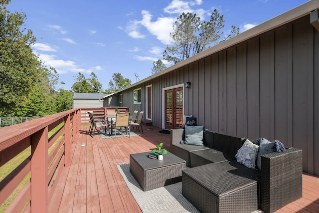 17622 China Gulch Dr, Anderson, CA 96007 - wooden terrace featuring french doors, an outdoor living space, and outdoor dining space