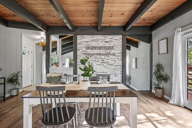 17622 China Gulch Dr, Anderson, CA 96007 - dining area featuring baseboards, beamed ceiling, wood finished floors, and wooden ceiling