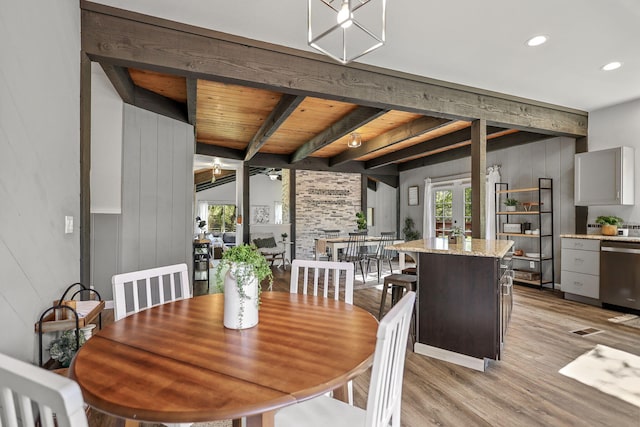 17622 China Gulch Dr, Anderson, CA 96007 - dining area with light wood finished floors, beam ceiling, recessed lighting, and wood ceiling