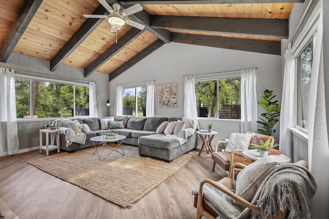 17622 China Gulch Dr, Anderson, CA 96007 - living room featuring lofted ceiling with beams, wood ceiling, wood finished floors, and a ceiling fan