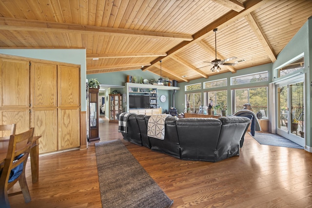 20371 Geo Ln, Lakehead, CA 96051 - living room with wood ceiling, lofted ceiling with beams, ceiling fan, and wood finished floors