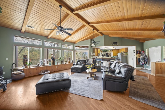 20371 Geo Ln, Lakehead, CA 96051 - living area with wood finished floors, wooden ceiling, beamed ceiling, and ceiling fan