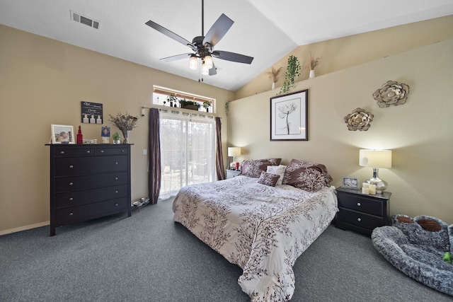 20371 Geo Ln, Lakehead, CA 96051 - carpeted bedroom featuring lofted ceiling, baseboards, access to exterior, visible vents, and a ceiling fan