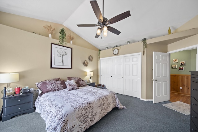 20371 Geo Ln, Lakehead, CA 96051 - carpeted bedroom with vaulted ceiling, a closet, and a ceiling fan
