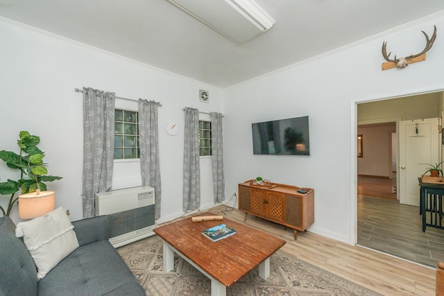 493 Main St, Weaverville, CA 96093 - living room featuring crown molding, wood finished floors, and heating unit
