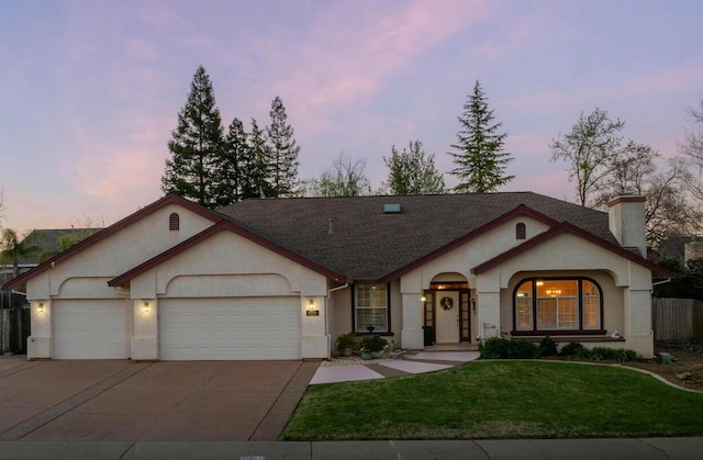 ranch-style home with concrete driveway, an attached garage, stucco siding, and a front lawn