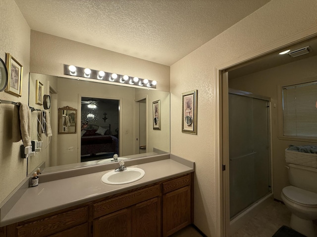 full bath featuring ensuite bath, a textured ceiling, a textured wall, and a stall shower
