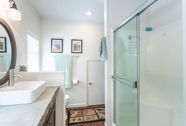 bathroom with toilet, vanity, and a shower stall