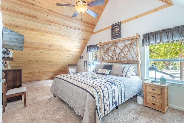 carpeted bedroom featuring wooden ceiling, lofted ceiling, wooden walls, and a ceiling fan