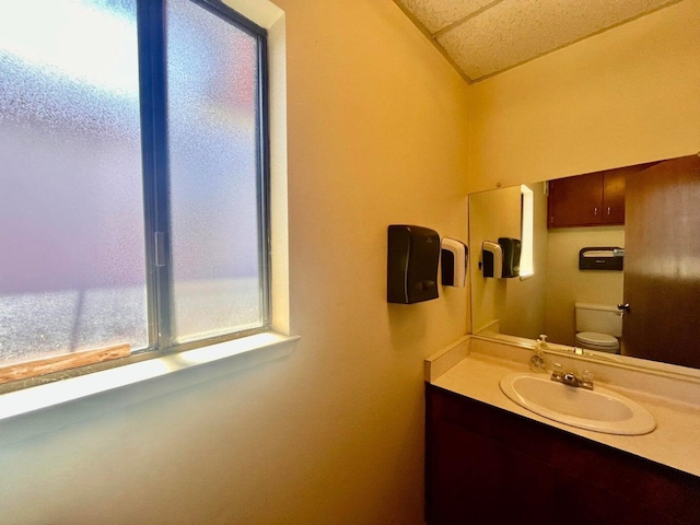 bathroom with toilet, vaulted ceiling, and vanity