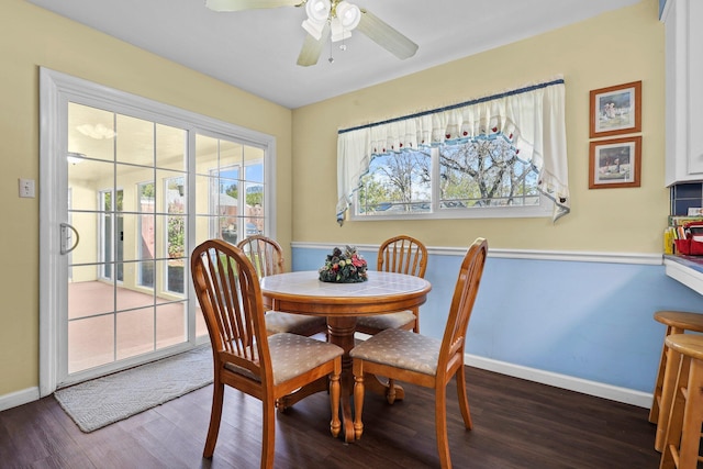 dining room featuring dark wood-type flooring, ceiling fan, and baseboards