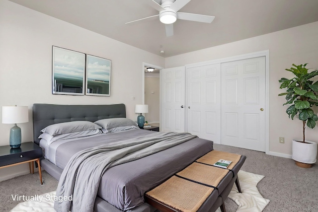 bedroom featuring light carpet, baseboards, a closet, and ceiling fan