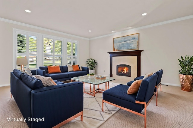 living room featuring baseboards, a premium fireplace, light colored carpet, crown molding, and recessed lighting